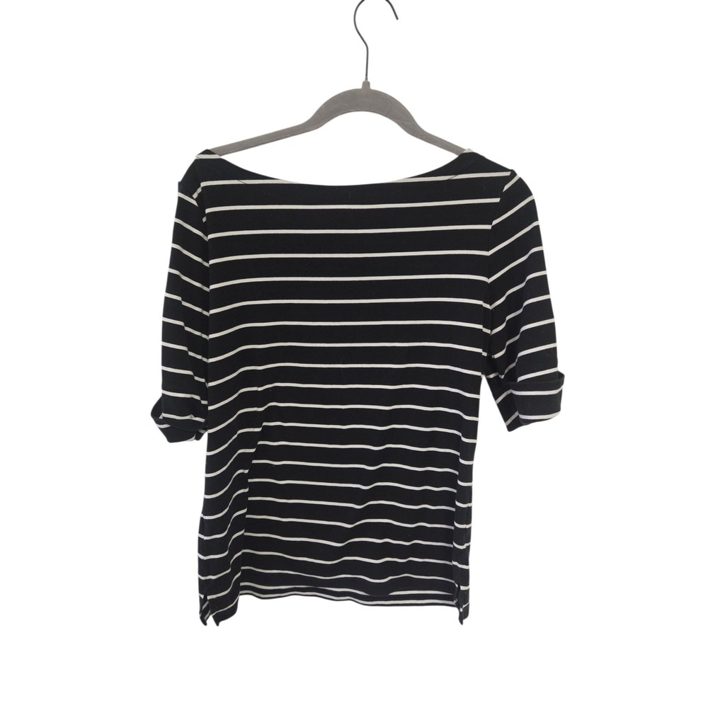Lauren Ralph Lauren Black White Striped Boat Neck Elbow Sleeve Top XL